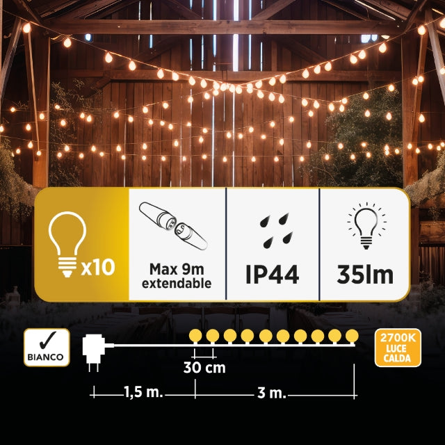 GBC Εξωτερικά LED Φωτάκια Festoon 4.5m 2700K Λευκό — GBC