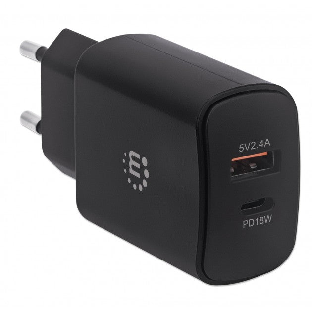 Manhattan IPW-USB-AC-BK Dual USB Wall Charger 27 W – USB-C PD 18 W, USB-A 2.4 A & Black