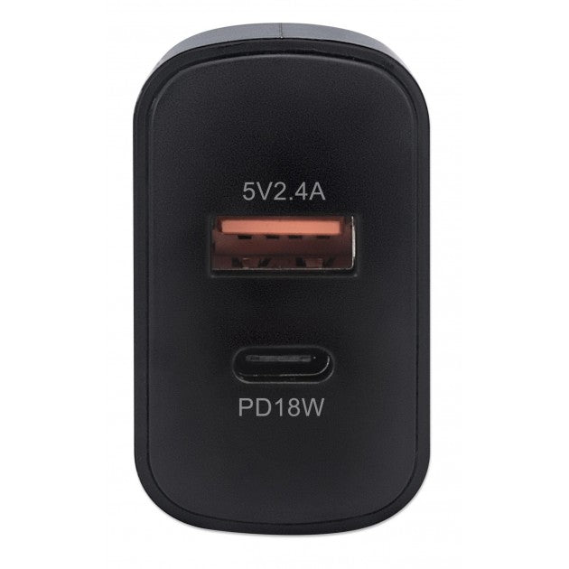 Manhattan IPW-USB-AC-BK Dual USB Wall Charger 27 W – USB-C PD 18 W, USB-A 2.4 A & Black