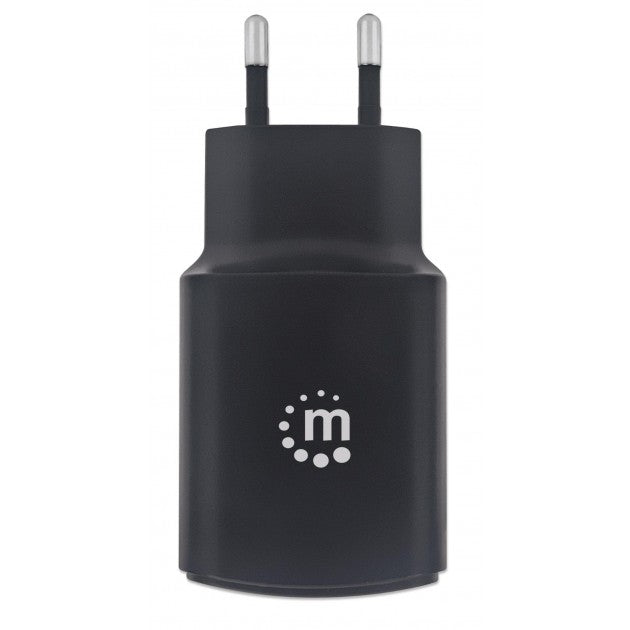 Manhattan IPW-USB-AC-BK Dual USB Wall Charger 27 W – USB-C PD 18 W, USB-A 2.4 A & Black