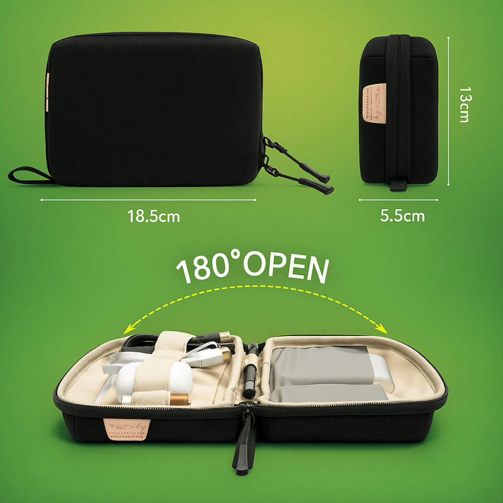 Techly ICA-NB PUNCH18BK Cable Organizer Bag – Polyester, 18.5×13cm & 180° Opening
