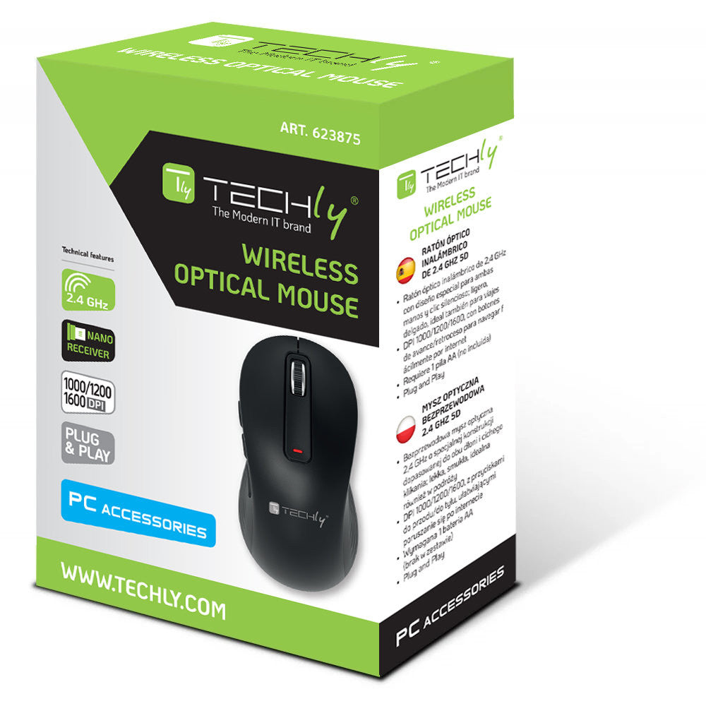 Techly IM 200-WL-BK Wireless Optical Mouse – 2.4GHz, 5D, 1600DPI, Ambidextrous, Black
