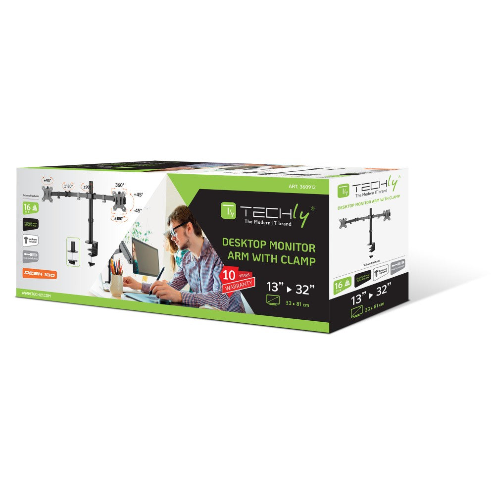 Techly ICA-LCD 582-D Dual Monitor Desk Stand 13''–32'' – 2×8kg, 360° & VESA 100×100