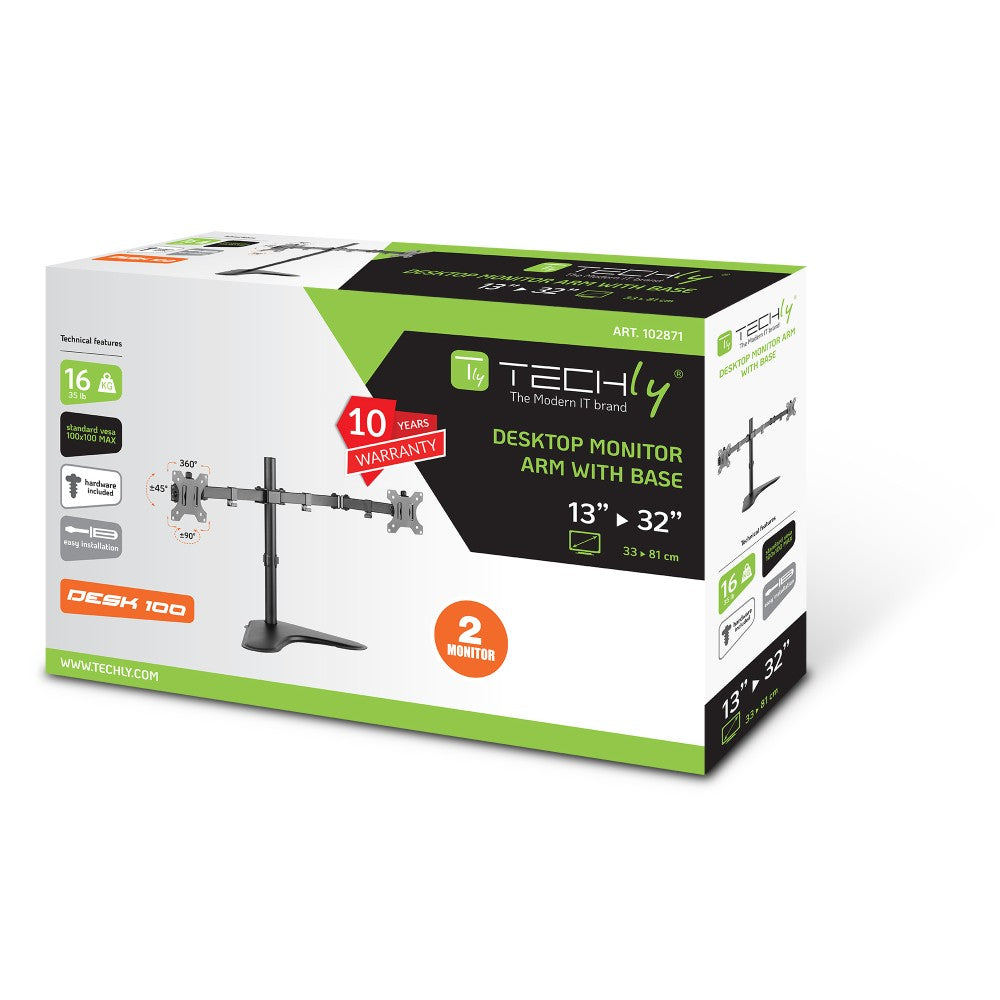 Techly ICA-LCD 2524 Dual Desktop Monitor Stand 13–32'' – 2×8kg, VESA 100×100 & Cable Mgmt