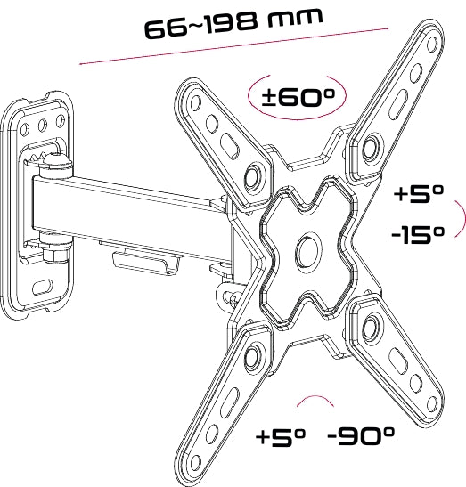 Unitronic UWM-1042/2 Αρθρωτή Βάση Τοίχου TV 10"–42" – Βραχίονας 2 Αρθρώσεων, ±60° Swivel, Κλίση, 20 kg, VESA 200×200