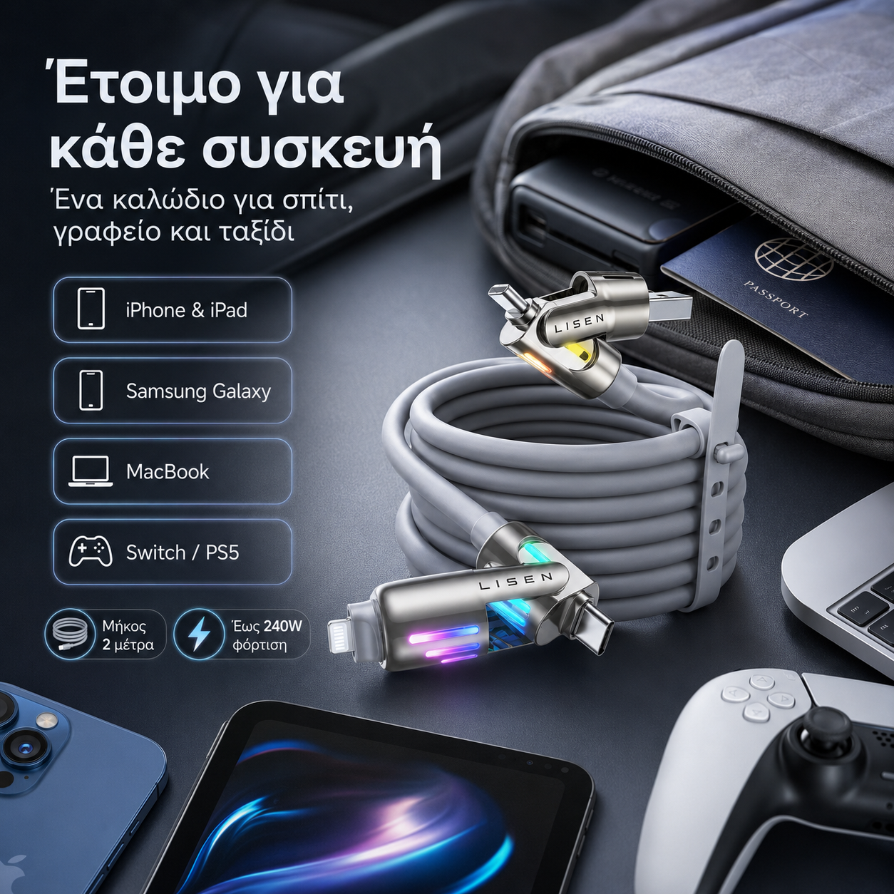 LISEN Chubby Καλώδιο Φόρτισης 4 σε 1, 2 μ – 240 W PD3.1, USB-C & USB-A σε C & Lightning