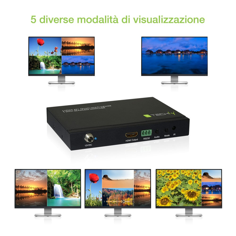Techly IDATA HDMI-41MV HDMI 4×1 Multiviewer – Seamless Switch, 1080p & IR/RS232 Control