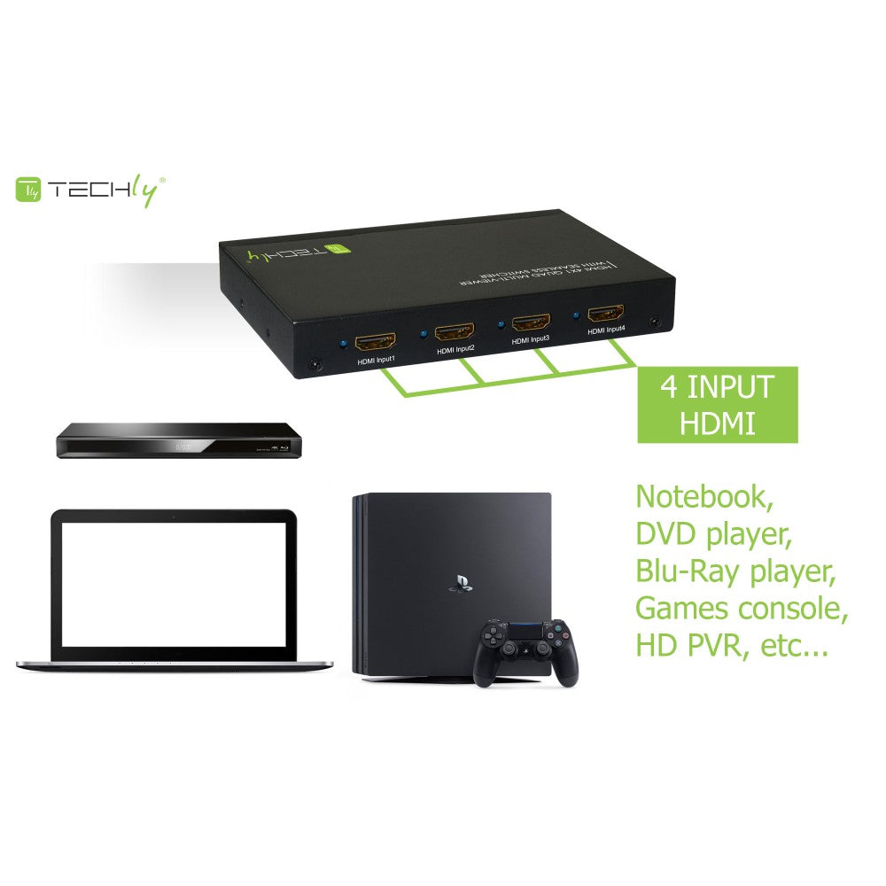 Techly IDATA HDMI-41MV HDMI 4×1 Multiviewer – Seamless Switch, 1080p & IR/RS232 Control