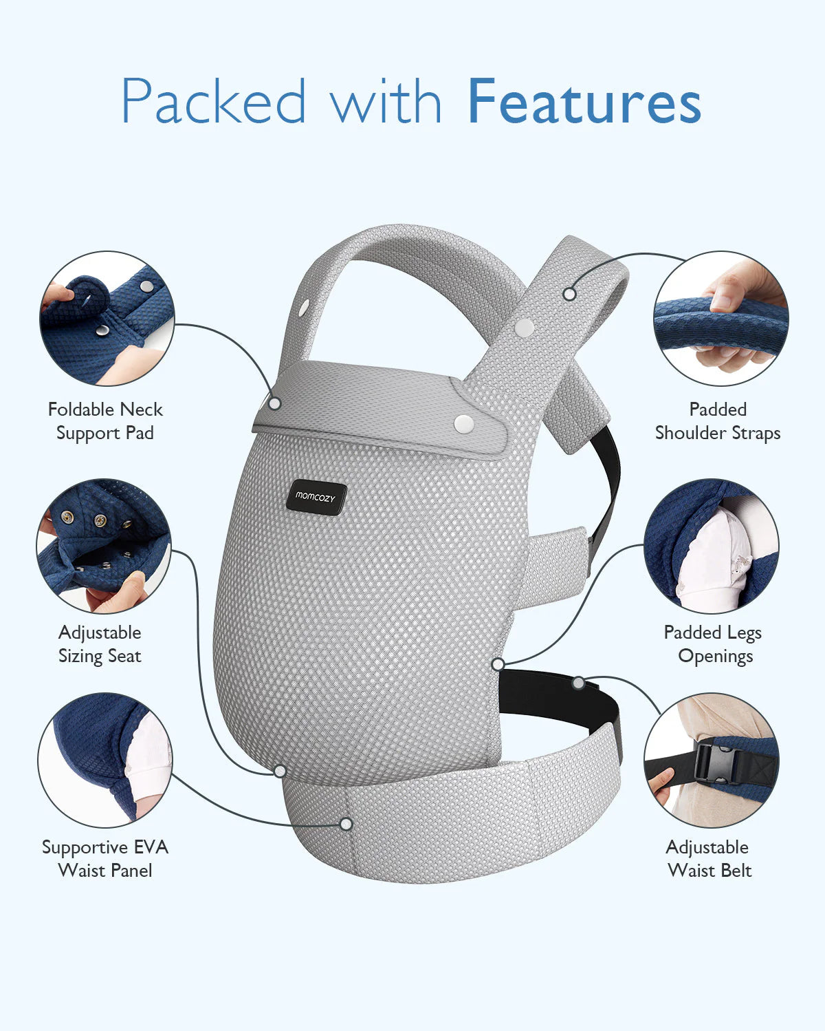 Momcozy PureHug Air Mesh Μάρσιπος Μωρού Γκρι – Εργονομικός, 3–20kg & Πλένεται στο Πλυντήριο