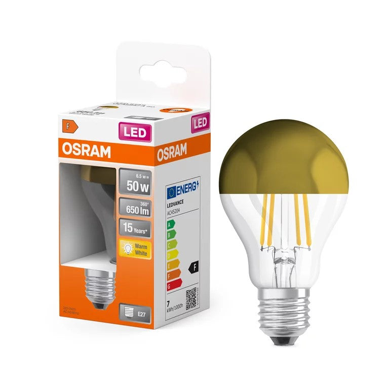LEDVANCE OSRAM LED A50 Filament Mirror Gold 6.5W E27 – Warm White, Glass Body & 15 000 h