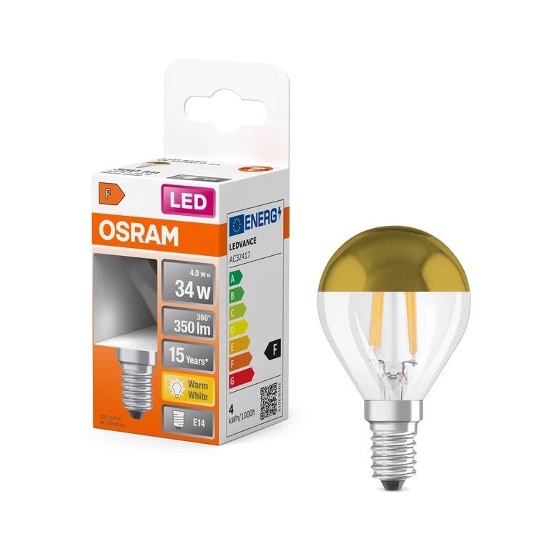 LEDVANCE OSRAM LED P34 Filament Mirror Gold 4W 827 E14 – 2700K Warm White & 15 000 h