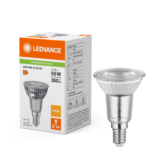LEDVANCE OSRAM LED PAR16 4.5W E14 – 2700K Warm White, 350 lm & 36° Beam