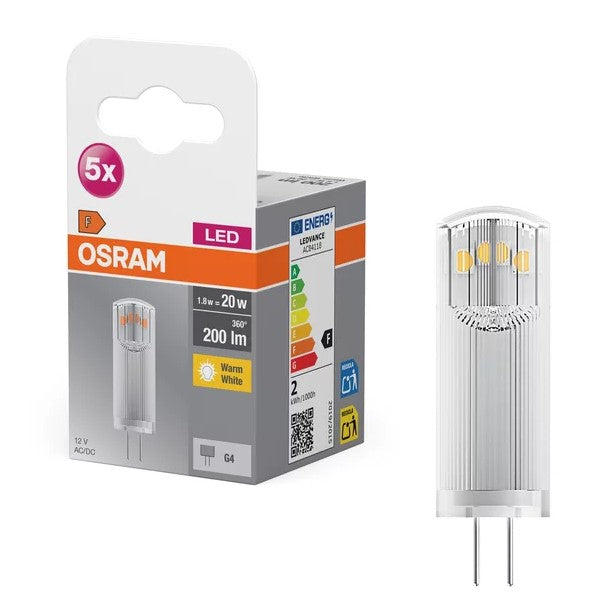 OSRAM LED Base PIN20 G4 1.8W 2700K Clear – 200lm, 12V AC/DC & 5-Pack