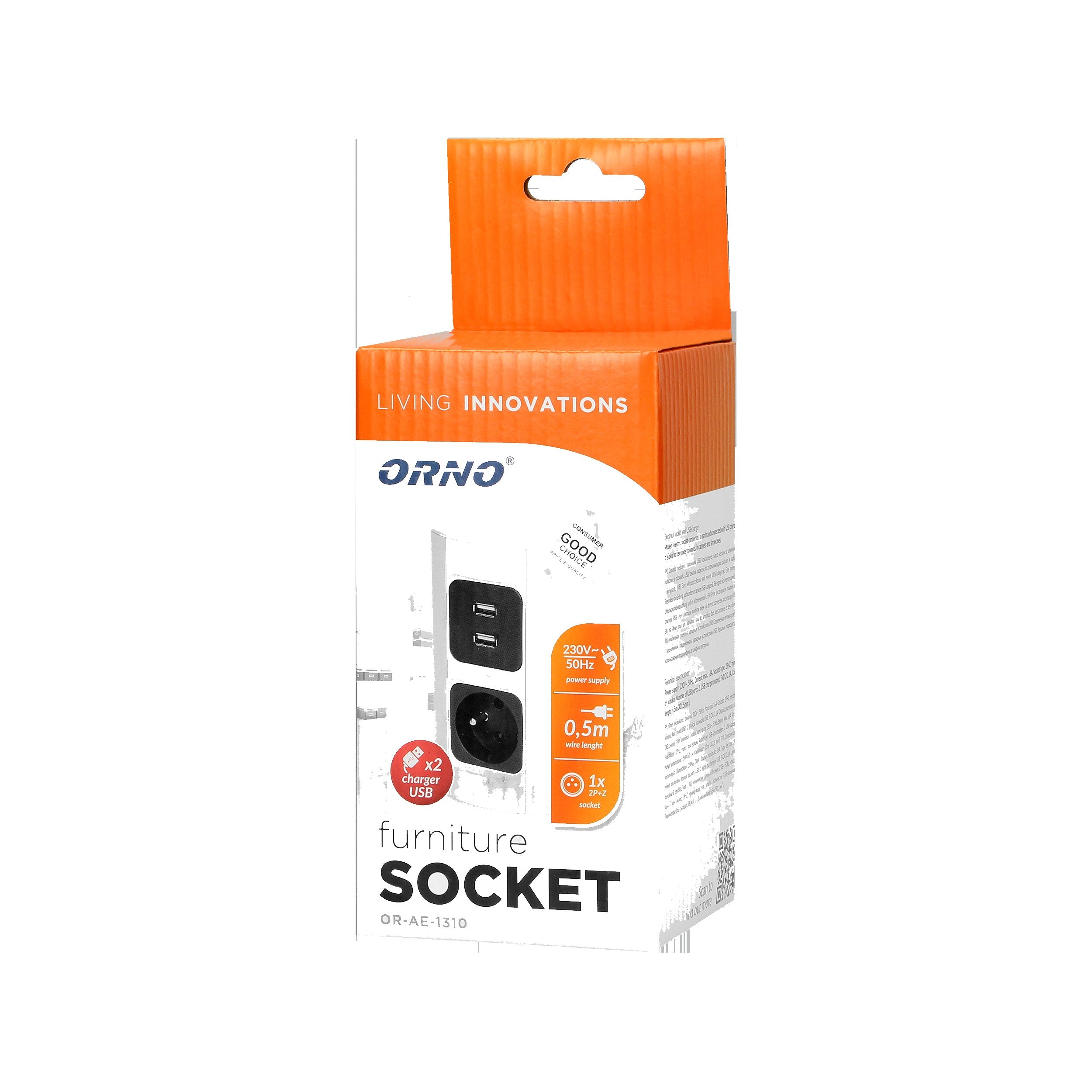 Πρίζα Κάτω Ντουλαπιού Orno OR-AE-1310 Σούκο – 2× USB 2.1 A, 3680 W & Καλώδιο 0.5 m Ασημί