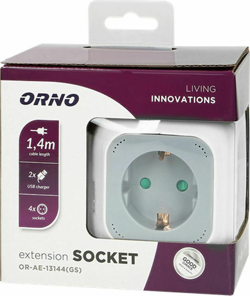 Πολύπριζο Κύβος Orno OR-AE-13144 4× Σούκο + 2× USB – 3680 W, 1.4 m & Επίτοιχο