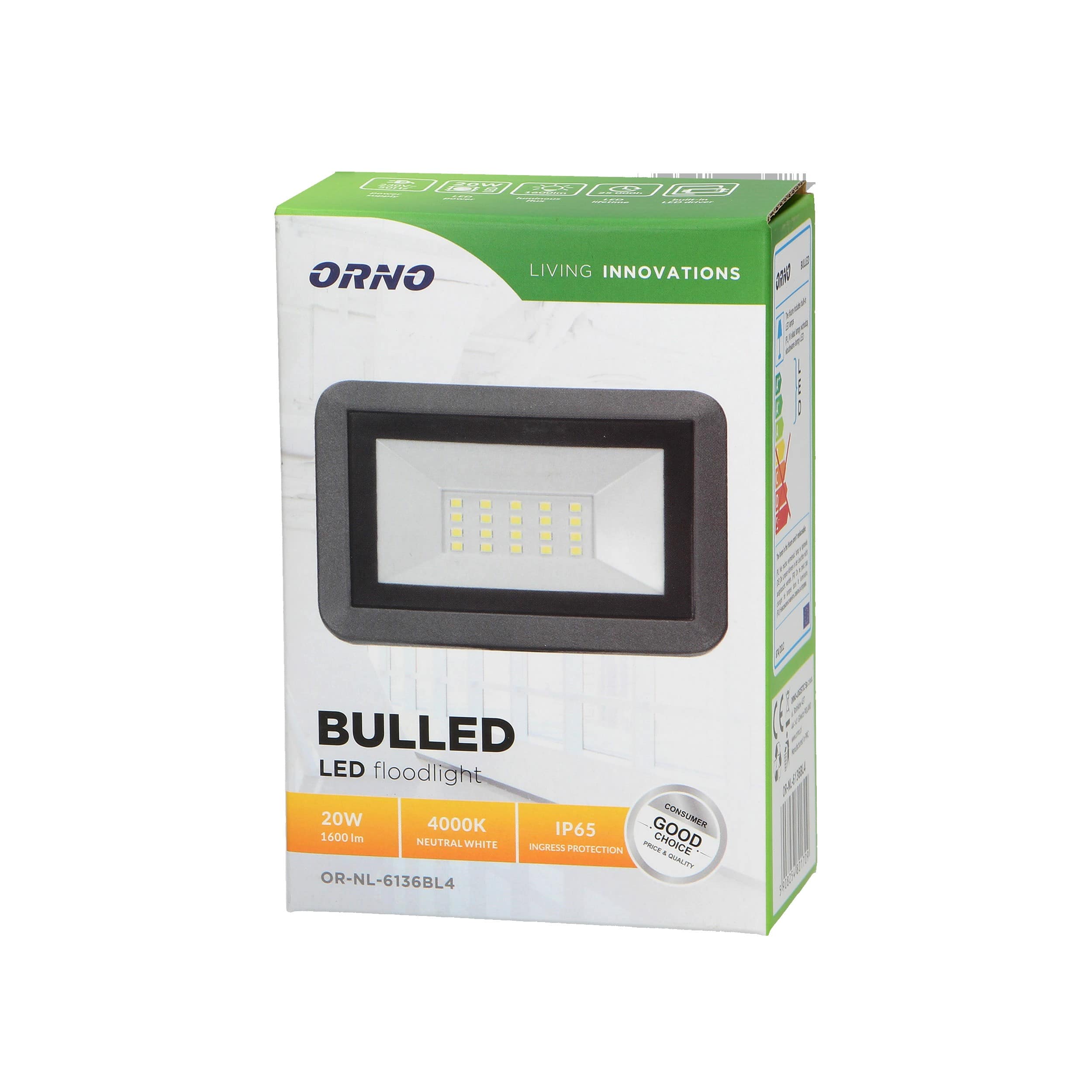 Προβολέας LED Orno 20 W SMD 4000K – 1600 lm Ουδέτερο Λευκό, IP65 & Μαύρο Αλουμίνιο