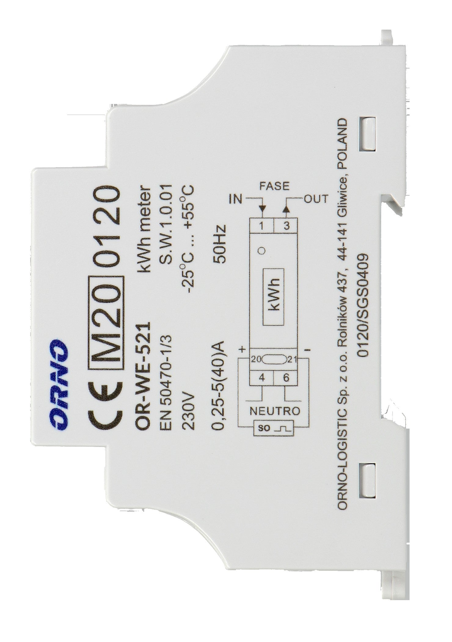 Orno WE-521 Μονοφασικός Μετρητής Ενέργειας Ράγας 40 A – MID Class B, LCD & 1000 imp/kWh