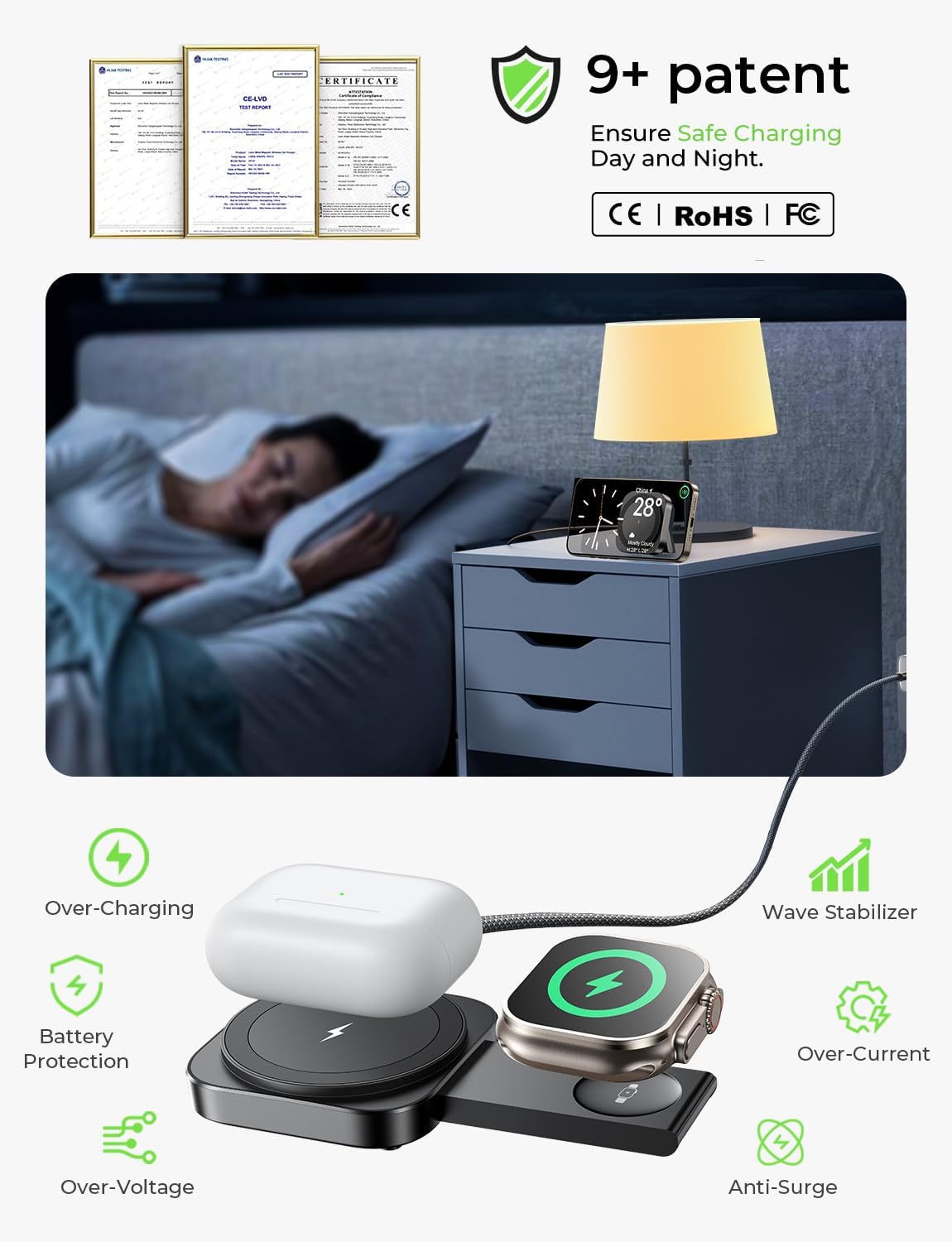 LISEN MagSafe Charger Stand 2-in-1 – 15 W Magnetic Wireless, Foldable & Multi-Device