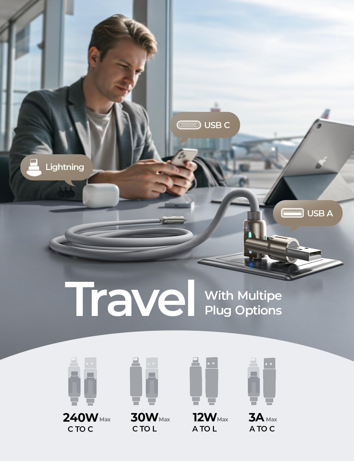 LISEN Chubby Καλώδιο Φόρτισης 4 σε 1, 2 μ – 240 W PD3.1, USB-C & USB-A σε C & Lightning
