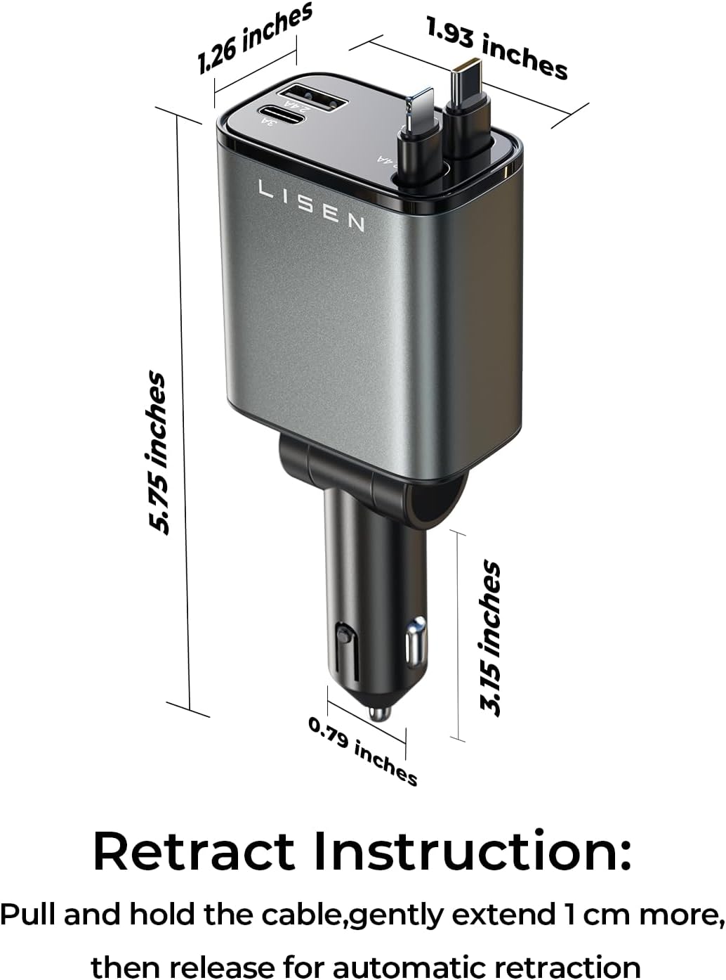 LISEN 4-in-1 69W Car Charger – Built-in USB-C & Lightning Cables, USB-A Port, Grey