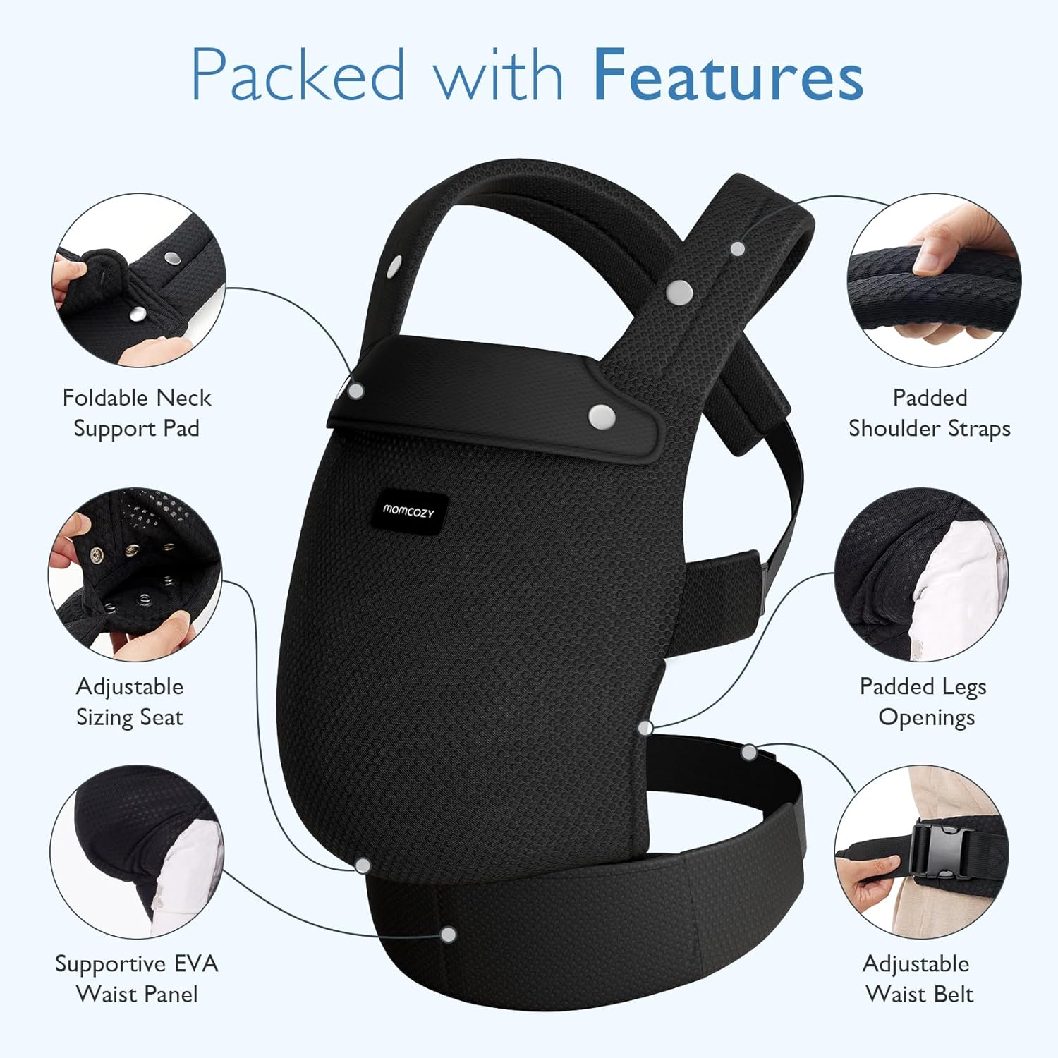 Momcozy PureHug Air Mesh Baby Carrier Black – Ergonomic, 3–20kg & Machine Washable