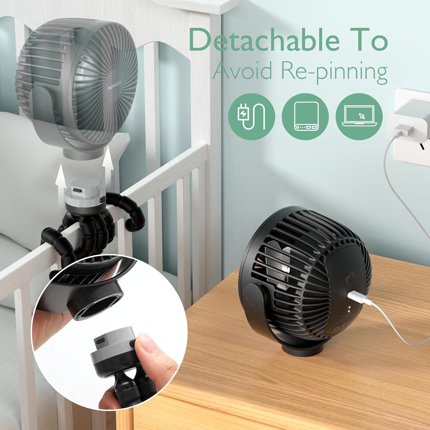 Momcozy USB-C Handheld Cooling Fan – 8000mAh, 360° Rotation & 12–27h Runtime