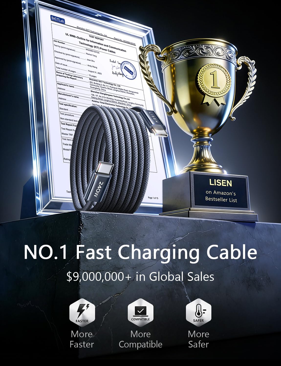 LISEN 2E334 USB-C to USB-C Cable 2-Pack – 240 W PD3.1, Braided Nylon & 480 Mbps Sync