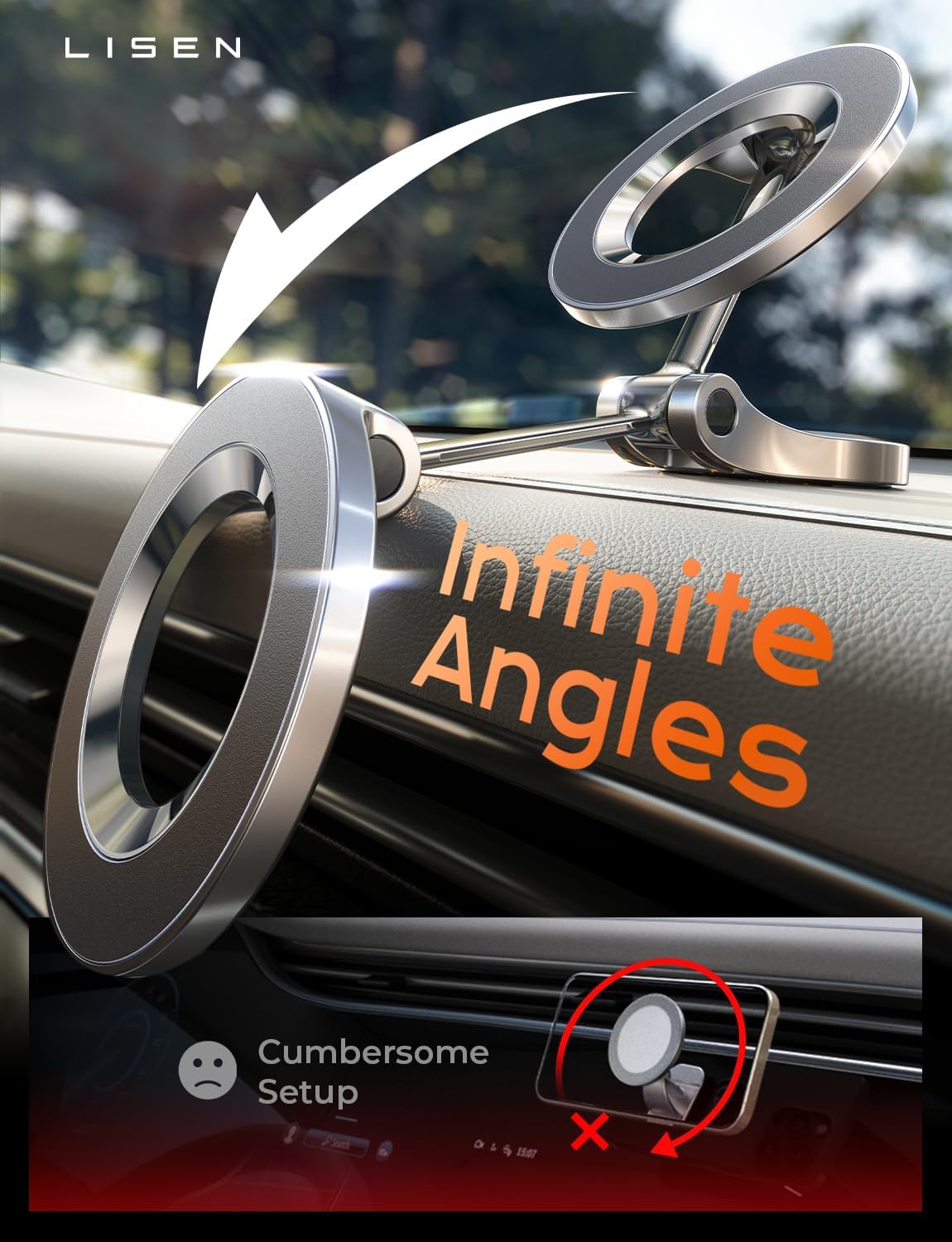 LISEN MagSafe Magnetic Car Mount – 24-Magnet Ultra-Strong Grip & 360° Rotation