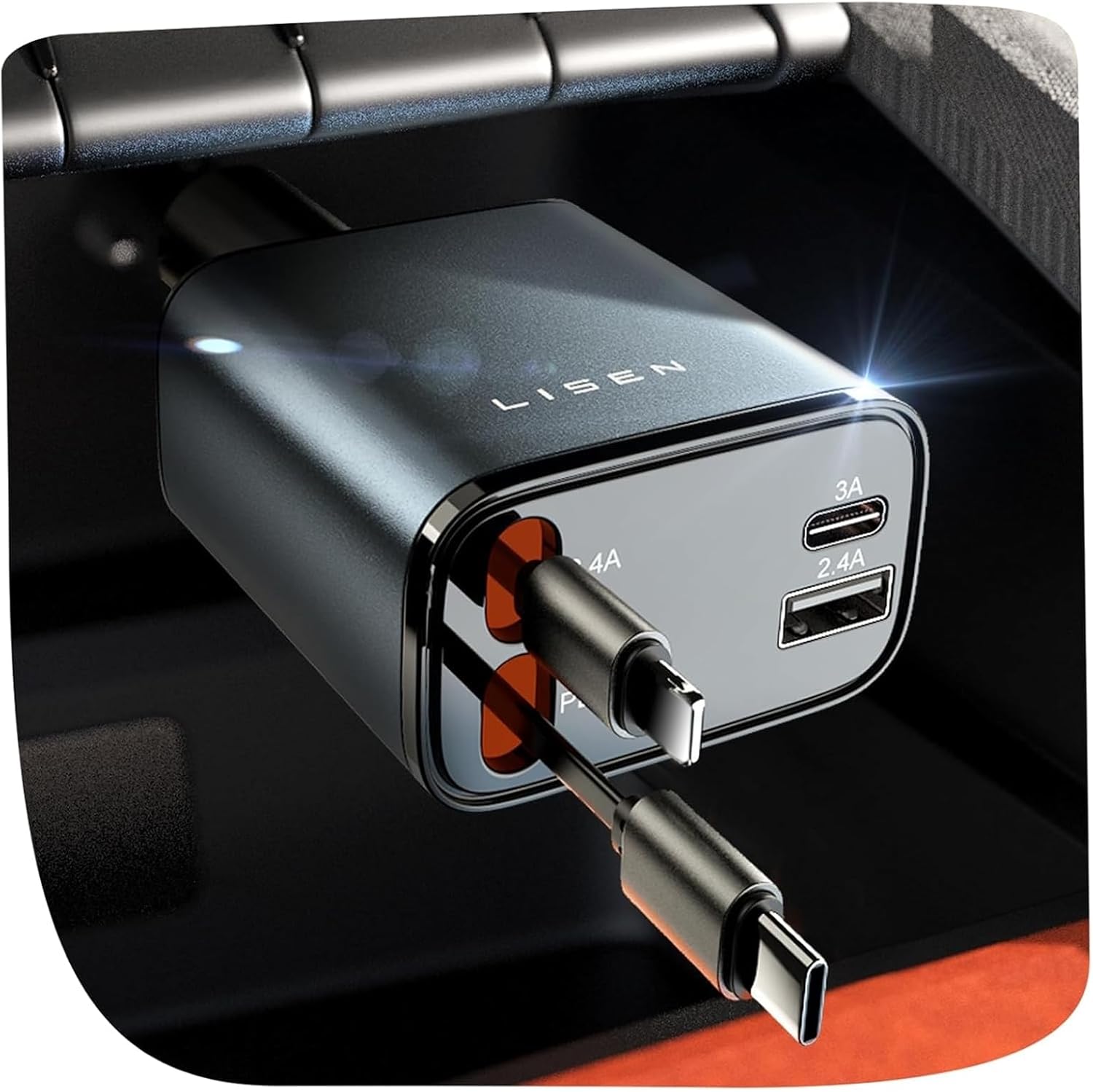 LISEN 4-in-1 69W Car Charger – Built-in USB-C & Lightning Cables, USB-A Port, Grey