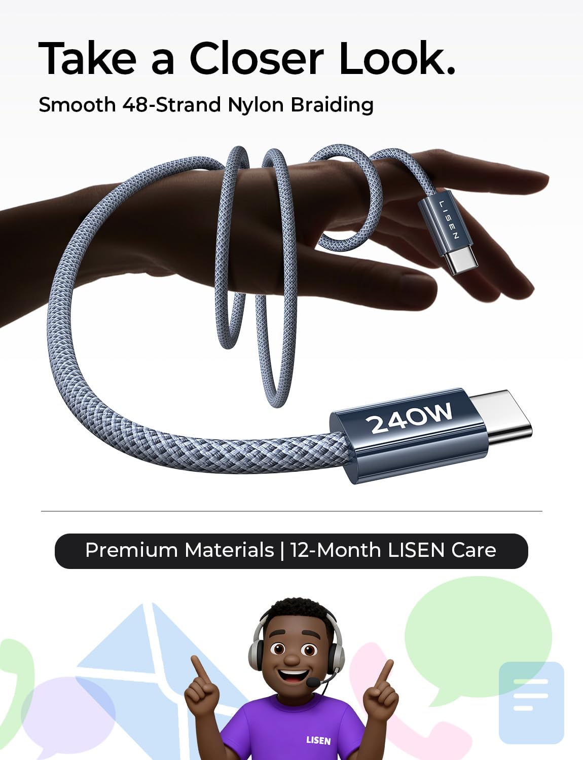 LISEN 2E334 USB-C to USB-C Cable 2-Pack – 240 W PD3.1, Braided Nylon & 480 Mbps Sync