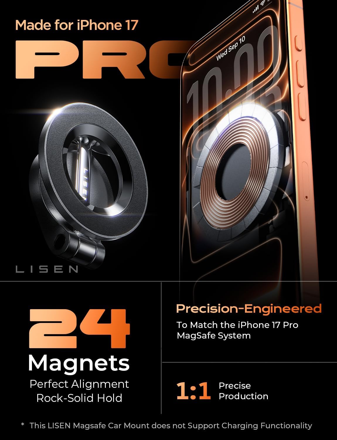 LISEN MagSafe Magnetic Car Mount – 24-Magnet Ultra-Strong Grip & 360° Rotation
