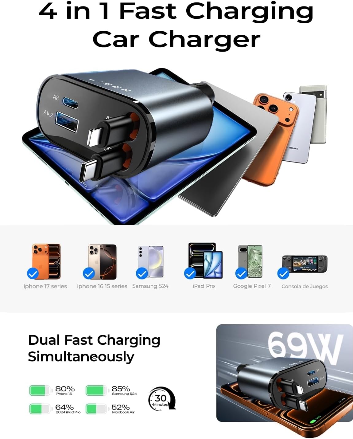 LISEN 4-in-1 69W Car Charger – Built-in USB-C & Lightning Cables, USB-A Port, Grey