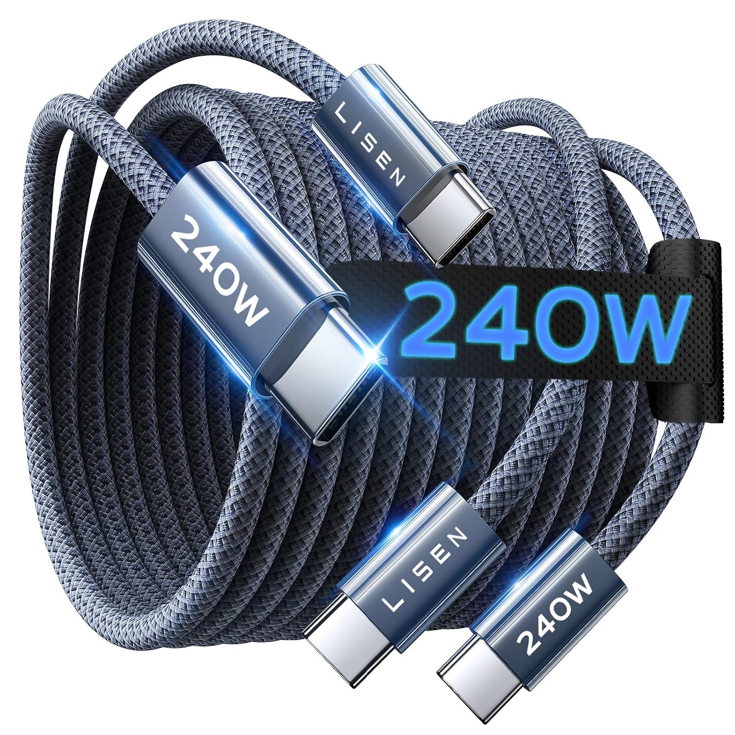 LISEN 2E334 USB-C to USB-C Cable 2-Pack – 240 W PD3.1, Braided Nylon & 480 Mbps Sync