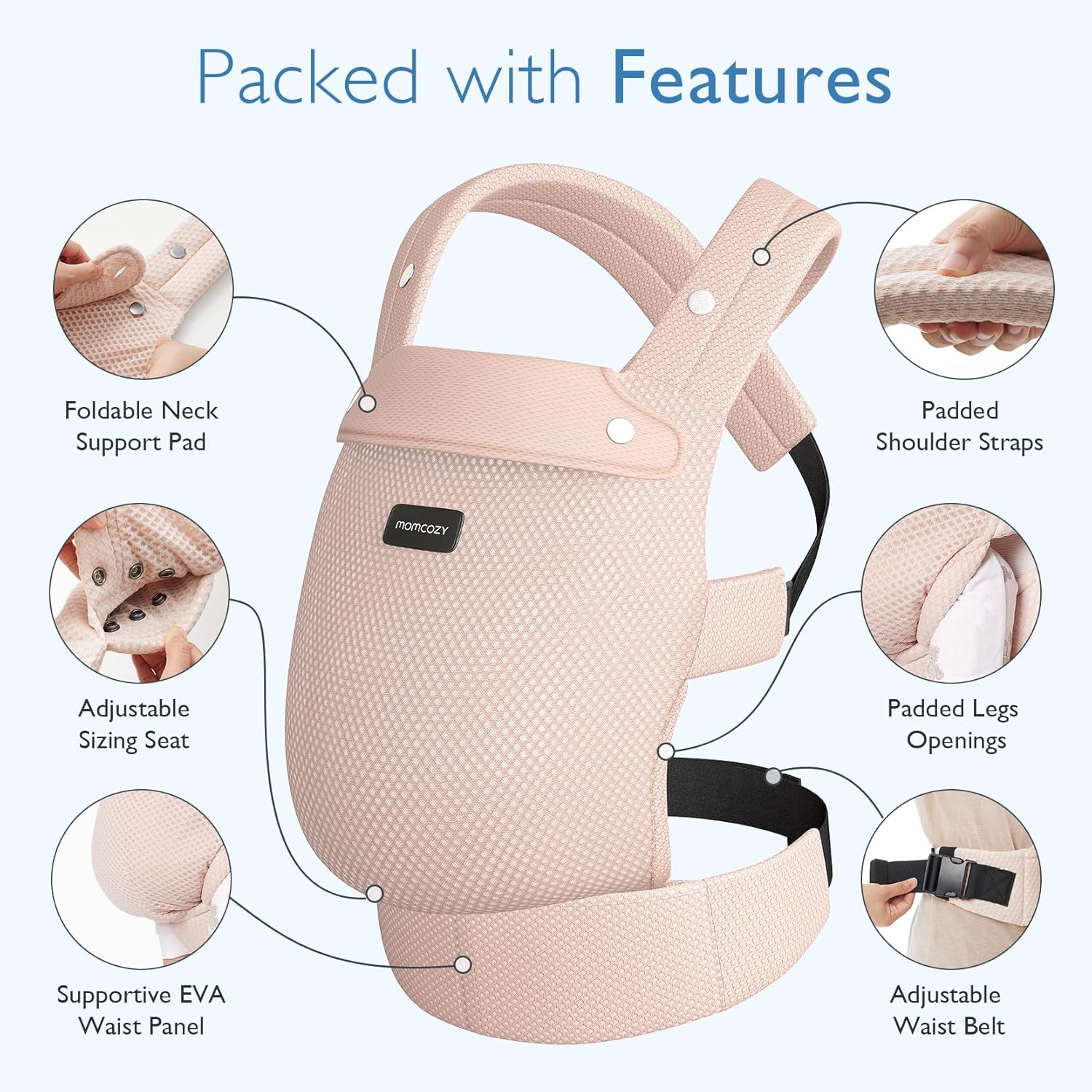 Momcozy PureHug Air Mesh Μάρσιπος Μωρού Ροζ – Εργονομικός, 3–20kg & Πλένεται στο Πλυντήριο