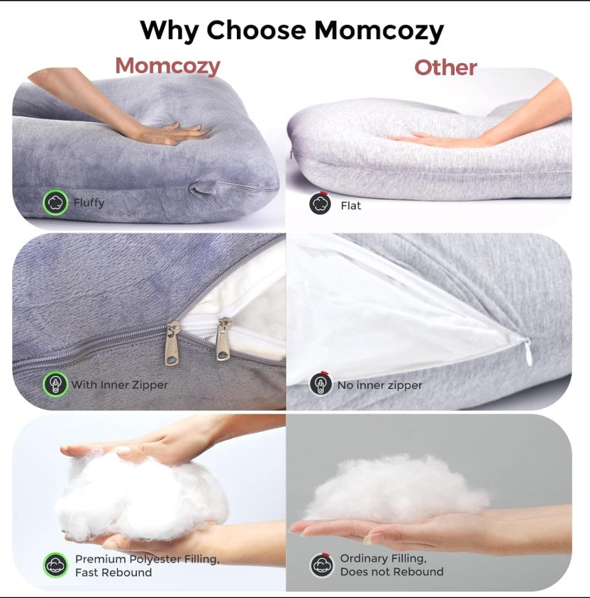 Momcozy PP101-GR00NB-D U-Shaped Pregnancy Pillow – 145cm, Removable Cover, Gray