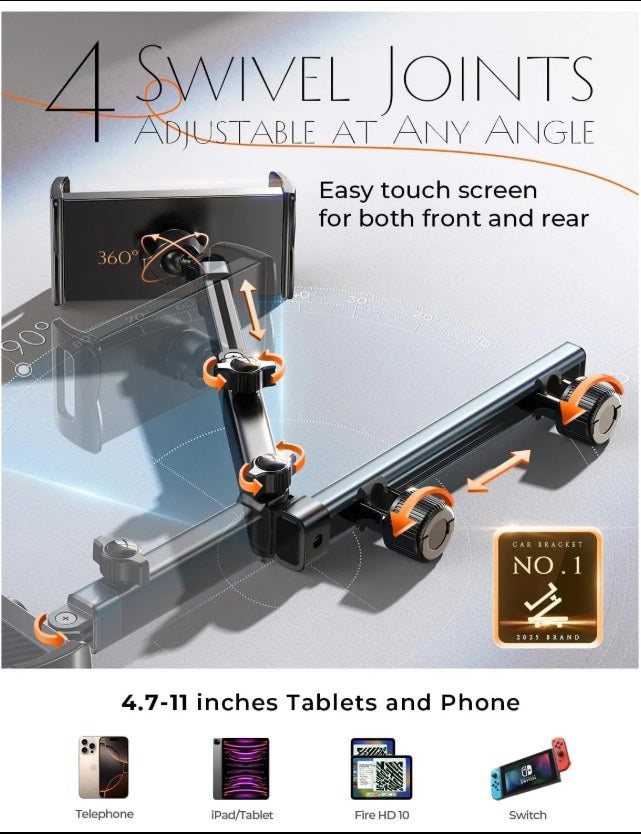 Lisen 2E547 – Car Headrest Tablet Holder, 360° 4-Axis, Foldable, Kids 0–6 Years