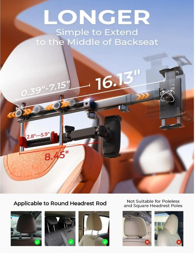 Lisen 2E547 – Car Headrest Tablet Holder, 360° 4-Axis, Foldable, Kids 0–6 Years