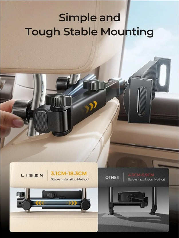 Lisen 2E547 – Car Headrest Tablet Holder, 360° 4-Axis, Foldable, Kids 0–6 Years