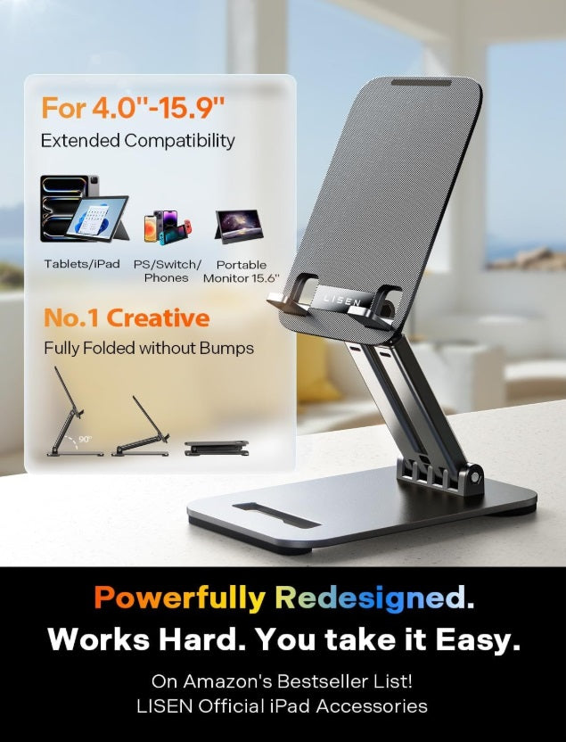Lisen 2E56 – Foldable Tablet & Phone Stand, 4"–15.9", Metal, Non-Slip, Black