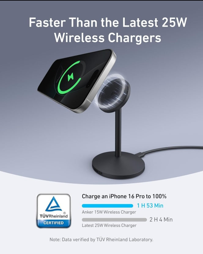Anker A25X1H11 MagGo – Qi2 15W MagSafe Wireless Magnetic Charger, 360° Rotation, Black
