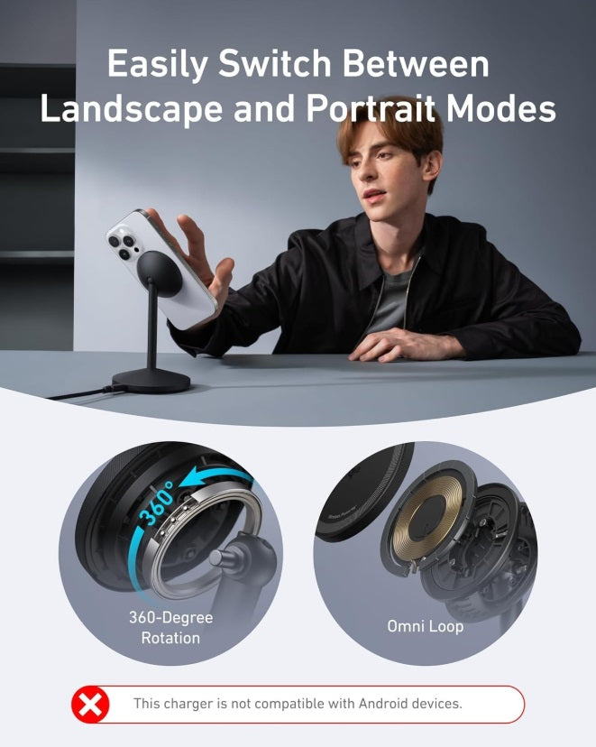 Anker A25X1H11 MagGo – Qi2 15W MagSafe Wireless Magnetic Charger, 360° Rotation, Black