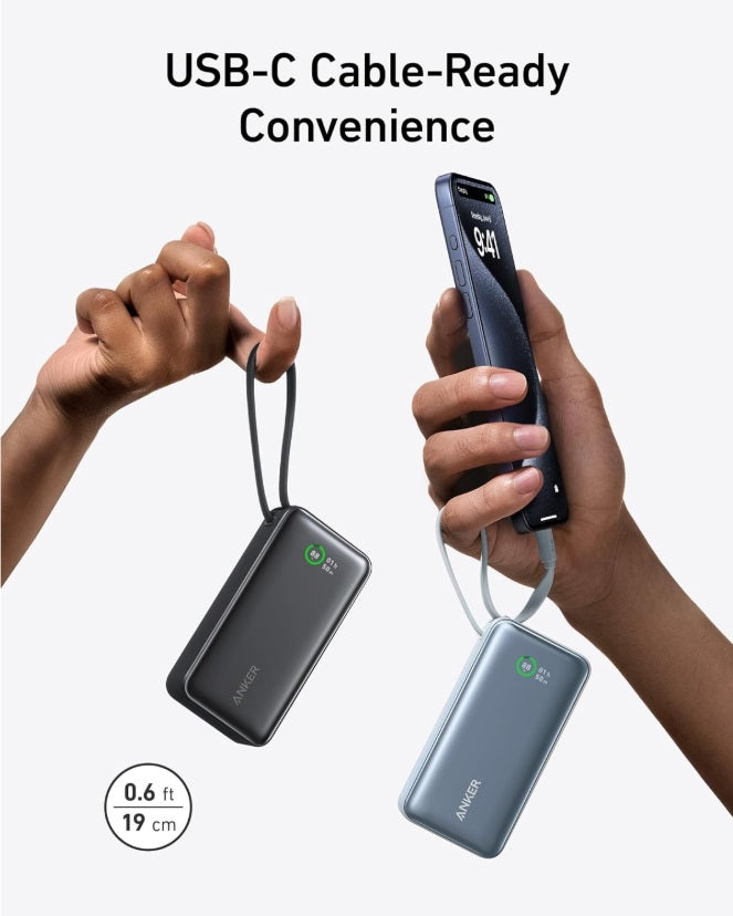 Anker A1259G11 Nano PowerCore 10K – 30W USB-C, Built-in Cable & 10,000mAh, Black