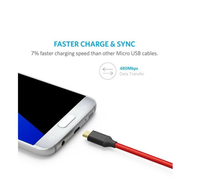 Anker A8143G91 PowerLine+ Micro USB Cable – 2m, Nylon Braid & 480Mbps, Red