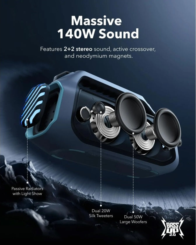 Anker A3134031 Soundcore Boom 2 Plus – 140W BT Speaker, IPX7, Explorer Blue