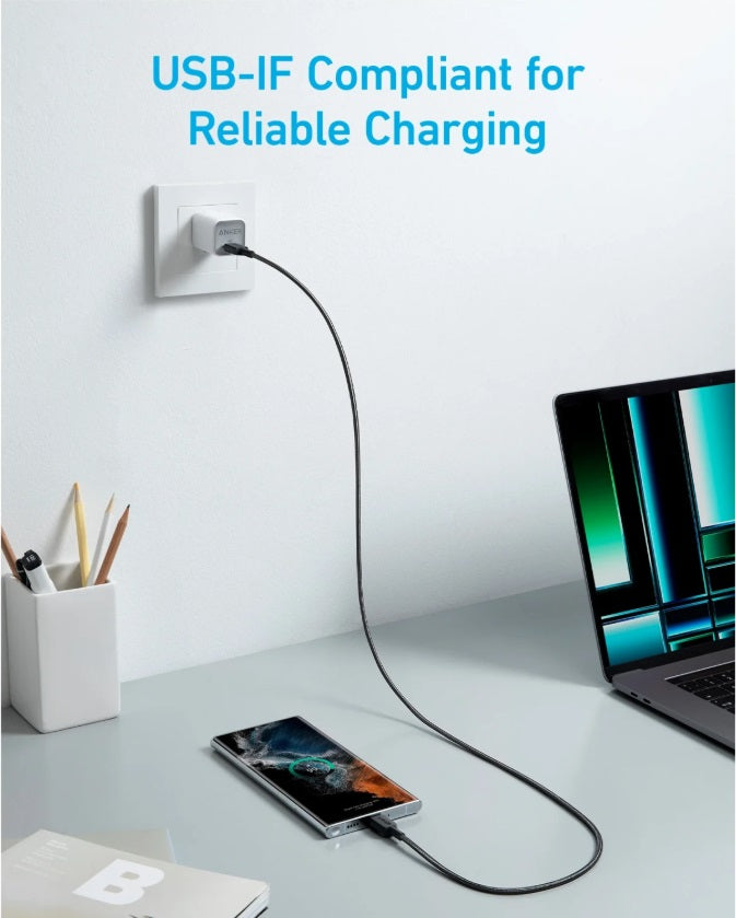 Anker A81F6G11 322 USB-C to USB-C Cable – 1.8m, Nylon Braid & 15W, Black