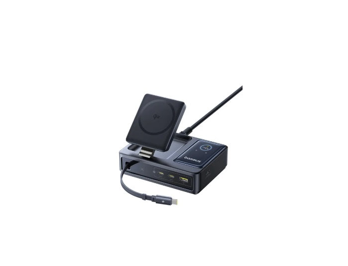 Baseus P10170902123-00 Nomos 5-in-1 Charging Hub – Qi2 15W, 2×USB-C 140W, USB-A 15W, Retractable
