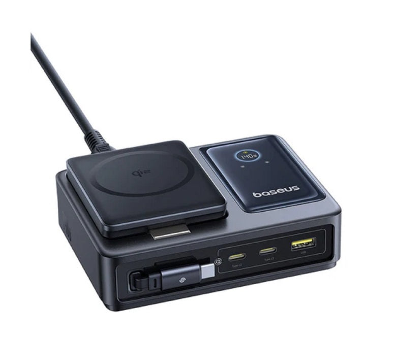 Baseus P10170902123-00 Nomos 5-in-1 Charging Hub – Qi2 15W, 2×USB-C 140W, USB-A 15W, Retractable