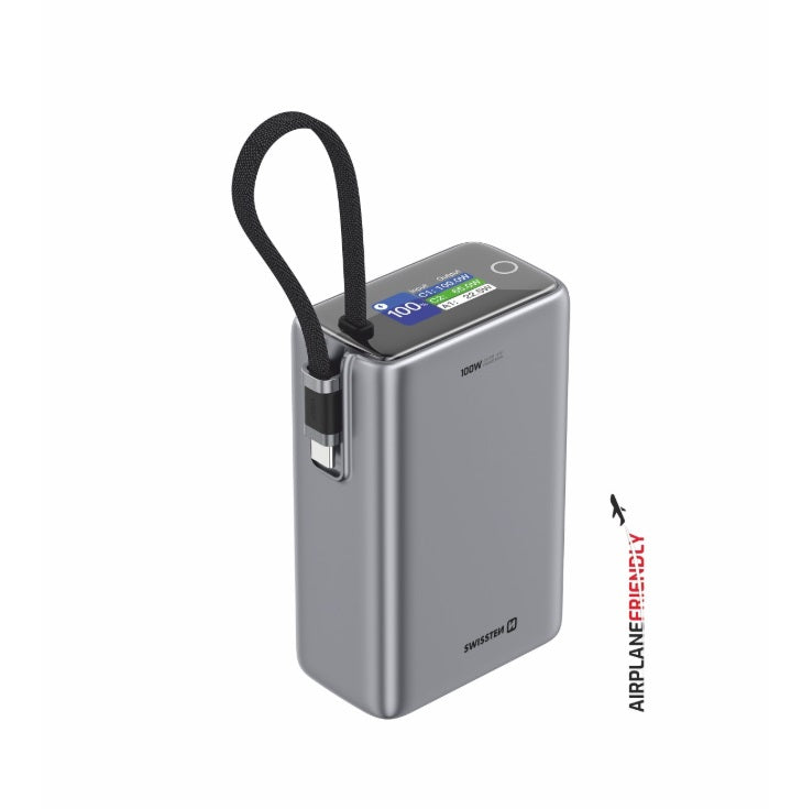 Swissten 22013977 Power Bank 25000 – 25,000mAh, 100W USB-C PD & Built-in Cable, Digital Display, Grey