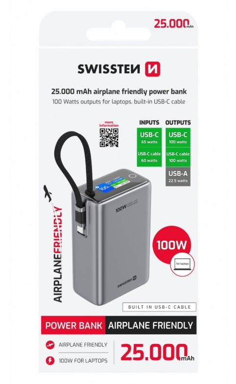 Swissten 22013977 Power Bank 25000 – 25,000mAh, 100W USB-C PD & Built-in Cable, Digital Display, Grey