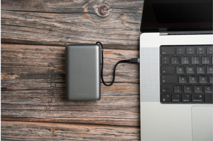 Swissten 22013977 Power Bank 25000 – 25,000mAh, 100W USB-C PD & Built-in Cable, Digital Display, Grey